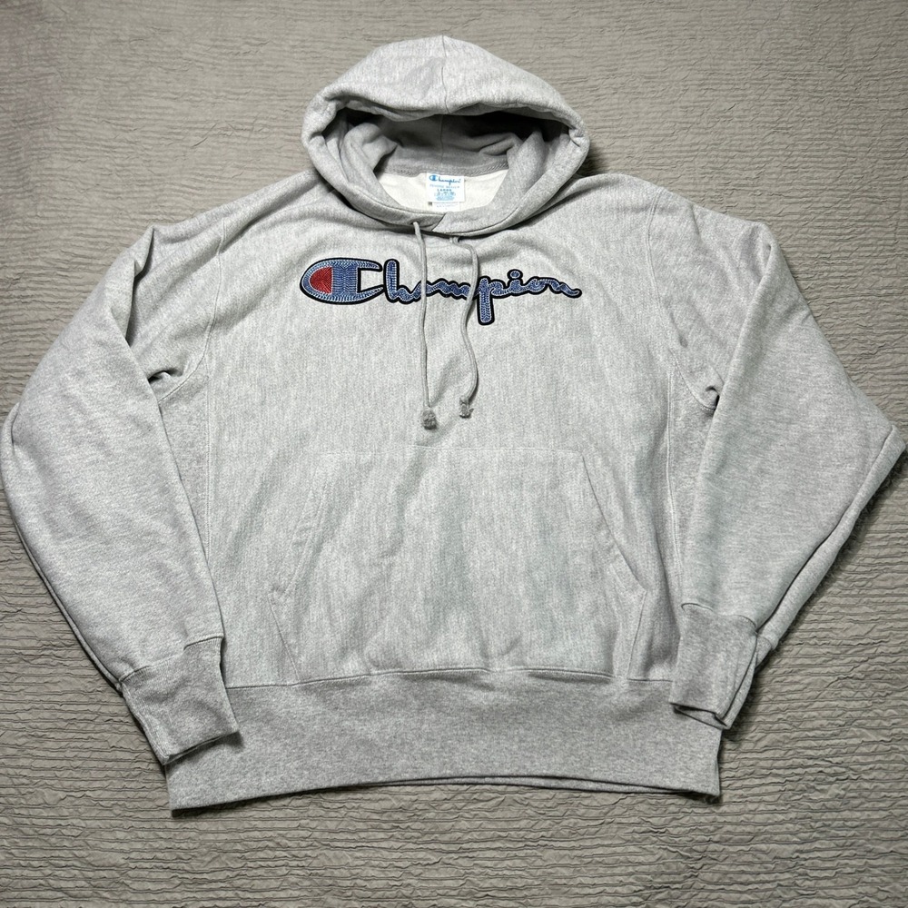 Champion Reverse Weave Heavyweight Gray Hoodie Sweatshirt Logo Men's Large